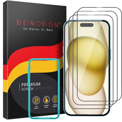 DEINODON Premium für Panzerglas für iPhone 15/iPhone 16 [Full Screen], [Auto-Installation] 100% Ohne Blasen, Ultra Hart 9H+ Schutzglas Stoßfest Kratzfest Hüllenfreundlich Keine Fingerabdrücke, 2 Stück
