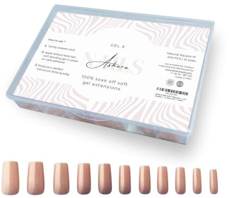 Ashera Nail Gel-X Nude capsules square Medium Box of 240 Tips | Natural color Gel-X Tips | Premium Quality | 12 Sizes 00-11 manucure américaine capsules carrées