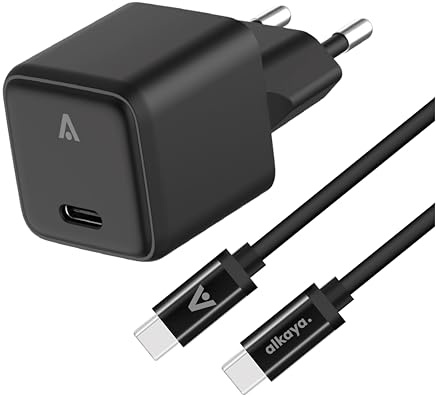 Alkaya Universal USB C Adapter Set, 20W USB Stecker und USB C Kabel, USB C auf USB C Kabel (1m), Schnellladung für iPhone, Samsung, iPad, Xiaomi und Anderen Geräten, kompakt & tragbar, Schwarz