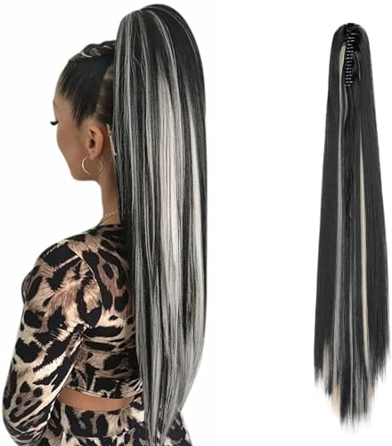 Cybelleza Ponytail Extensions Zopf Pferdeschwanz Haarteil Glatt Lang 55cm Claw Clip in Haarverlängerung Kunsthaare Synthetik Haarverlängerung Zopf Extension für Frauen, Schwarz & Bleichblond
