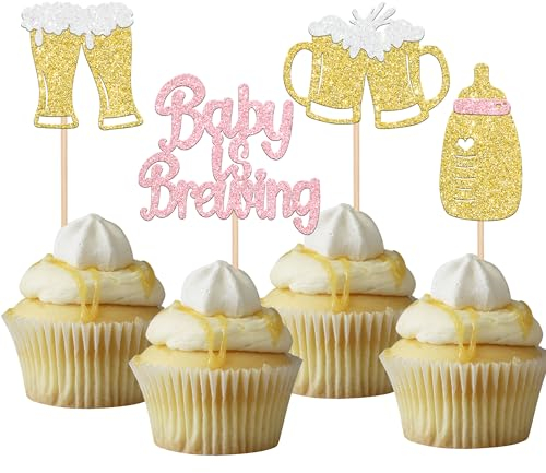 Xsstarmi 24 Pack Cheers and Beers Cupcake Toppers Glitter Baby Bottle Beer Mug Cupcake Picks Decoration for Cheers Celebrating Baby Shower Birthday Party Cake Decorations Supplies Pink