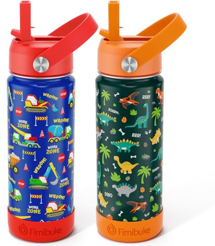 Fimibuke Isolierte Wasserflasche für Kinder, 530 ml, BPA-frei, 18/8 Edelstahl, doppelwandig, Vakuum-Reisebecher mit Deckel, auslaufsicher, Kinderbecher mit Strohhalm, für Schule, Jungen, Mädchen, 2