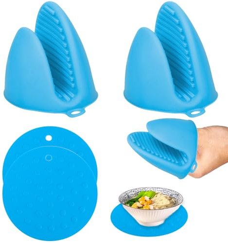 CZAYEFNH 1 Paar Silikon Ofenhandschuhe Verdicken mit 2 Topfuntersetzer, Mini-Ofenhandschuh, Mini Ofen Mitts, wasserdichte Topfhandschuhe, für Küche Kochen Backen Grillen Mikrowellenofen (Blau)