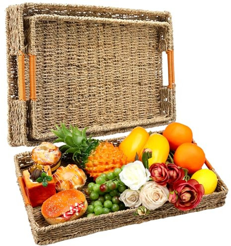 Suzile 2 Pcs Seagrass Rattan Serving Tray with Leather Handle Rectangle Serving Tray Decorative Wicker Woven Basket Tray Coffee Table Snack Tray Organizer for Home Decor Storage Breakfast Drinks