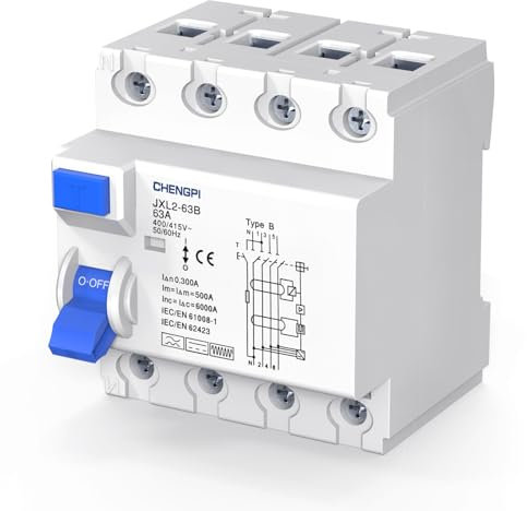 CHENGPI Interruptor Diferencial, Interruptor FI, Tipo B 63A, 300mA, 4P, Interruptor Diferencial Auto Rearmable, Interruptor Diferencial Rearme Automatico