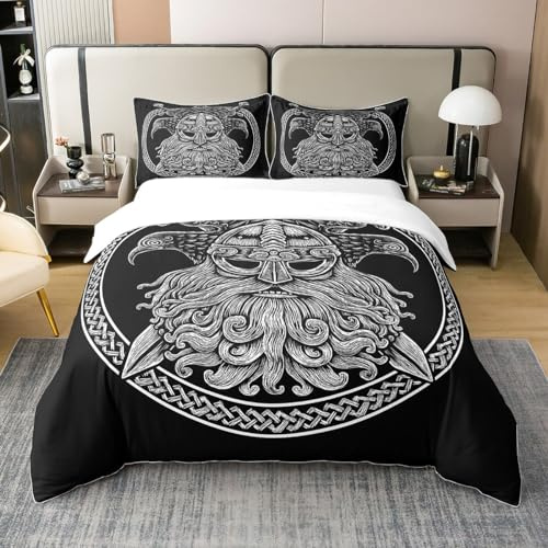 Antiker Wikinger-Bettbezug, 135 x 200 cm, 100 % Baumwolle, exotische Retro-Bettwäsche, Zubehör für Kinder, Jungen, Mädchen, schwarz-weiß, Retro-Speer, Bettwäsche, skandinavischer Adler, Kultur,