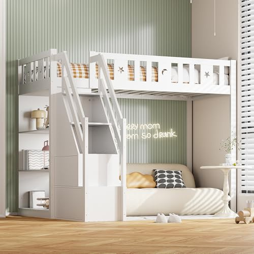 Merax Hochbett, 90 x 200 cm, multifunktional, Hochbett, 1-Sitzer, mit Treppe und Regal, Weiß (ohne Matratze)