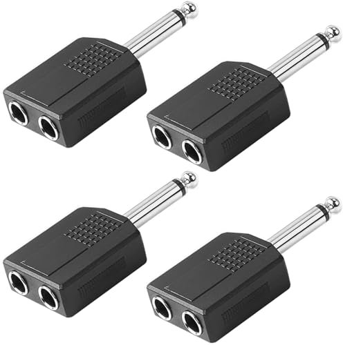 Greluma 4 pcs Adaptateur répartiteur mâle 6,35mm(1/4) vers Double Prise Femelle 6,35mm(1/4),Double Adaptateur Jack Mono TS 6,35 mm,câble Audio Y répartiteur pour Guitare,Microphone,amplificateur