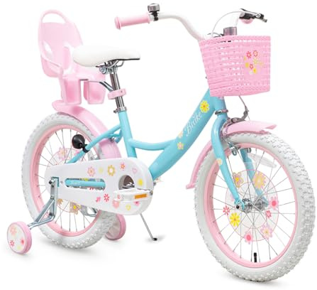Bixike Girls Bike with Basket for Toddlers and Kids Aged 3-14 Years Old, 12 14 16 18 Inch with Training Wheels & Doll Seat, 20 Inch with Kickstand & Rear Rack, Princess Style Bicycle for Gift.