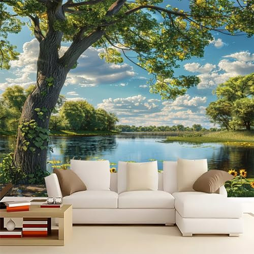 Papier Peint 3D Panoramique Nature Paysage Paysage Tournesol Intissé Murale Tapisserie Vert pour Salon Chambre Restaurant Couloir TV Fond Décor Mural 400x280cm