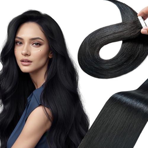 Qingliang Tape Extensions Echthaar,Invisible Tape in Extensions Echthaar Seidig Gerade Remy Tape Haarverlängerungen Echte Menschliches Haar 14Zoll 35cm 20 Stück 40g #1 Tief Schwarz