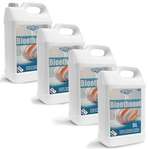 ZIVELA Bioéthanol 96,6 % 20 l | Alcool bio 96,6 % 4 x 5 l | Cheminée au bioéthanol sans odeur, combustion propre, flamme vive et stable