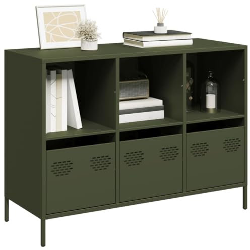 Homgoday Sideboard aus kaltgewalztem Stahl, Olivgrün, 101,5 x 39 x 73,5 cm, Anrichte aus Metall, Schrank aus Metall, Aufbewahrungsschrank für Küche, Esszimmer, Wohnzimmer, Eingangsbereich, Grün