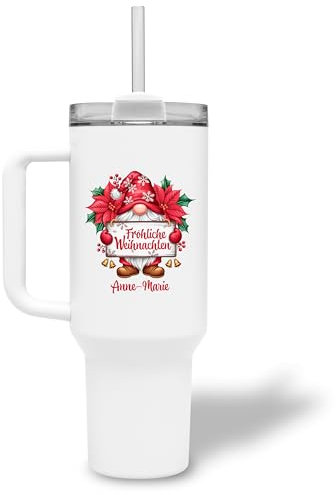 Thermobecher personalisiert Fröhliche Weihnachten Wichtel mit Schild - Trinkbecher mit Deckel und Strohhalm 1,2 l / 40 oz - personalisiertes Geschenk zu Weihnachten