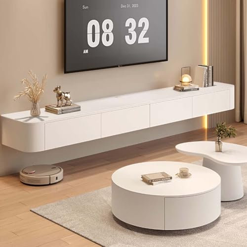 Meuble TV Suspendu Moderne | Console multimédia de Divertissement Murale | Grand Banc de Rangement pour TV pour Salon et Bureau (Blanc, 55.1in/140cm)