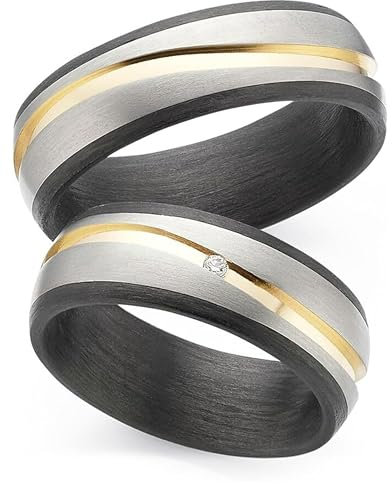 123traumringe Eheringe in Carbon, Titan & Gold I Partnerringe mit Brillant & Etui I Gravierbare Eheringe mit Ringgröße 50-72 mm I Hochwertige Verlobungsringe in 7 mm Breite & 2,5 mm Stärke I P14