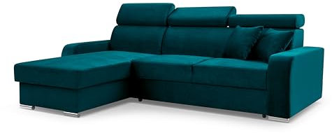 FurniShop24 Ecksofa mit Schlaffunktion und Bettkasten - Schlafsofa L Form 236x165 cm mit verstellbaren Kopfstützen und dekorative Kissen, Eckcouch Focus Türkis