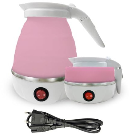 Faltbarer Wasserkoche, Rosa Reise Silikon Wasserkessel, 0.6l Mini Tragbarer Camping Wasserkocher mit Edelstahlboden 5 Minuten Schnelles Kochen für Outdoor Camping Wandern Survival