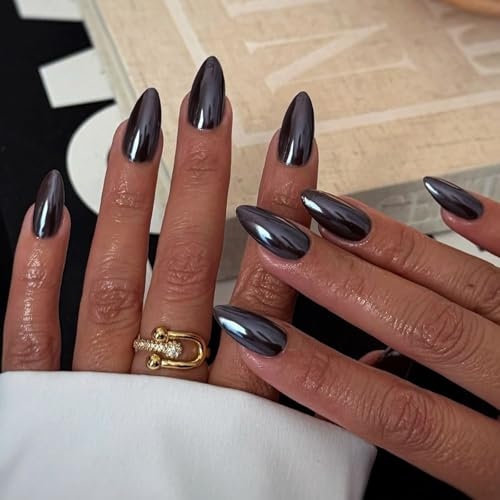 Black Aurora French Tip Press on Nails Medium Almond Shape, 24Pcs Solid Color Acrylic Fake Nails Glossy Elegant False Nails, Reusable Artificial Full Cover Stick on Nail for Women Girls Daily Wear