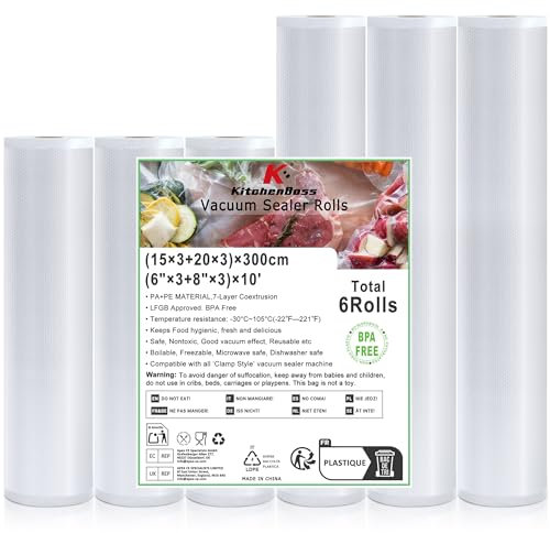 KitchenBoss Sac Sous Vide Alimentaire：6 Packs Film Sous Vide Alimentaire, 15/20x300cm, Rouleau Sous Vide Alimentaire pour Tous Machine Sous Vide