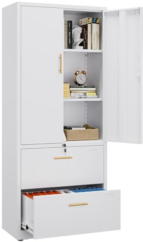 Aobabo Metal Storage Cabinet with 2 Drawer,Metal Office File Cabinet with Lockable Doors and Drawer for Home Office,Hanging Files Letter/legal Size,White
