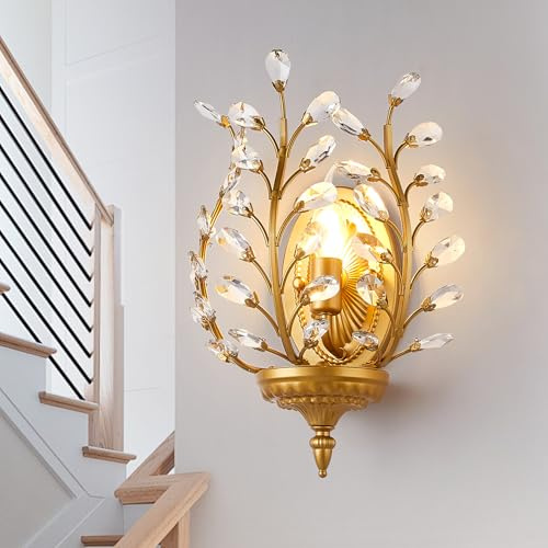 Ganeed Kristall Wandleuchten Antik Retro Vintage Französischer Stil Rustikal Innen Wandleuchten für Treppenhaus Flur Veranda Treppenabsatz Schlafzimmer 1 Licht E14 Gold (1 Packung)