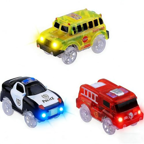 3 Pack Tracks Cars, Spielzeug Magic Cars Auto Tracks Cars mit 5 LED Blinkenden Lichtern, Track-Spielzeugautos leuchten im Dunkeln, kompatibel mit den meisten Tracks für Kinder, Jungen und Mädchen (A)