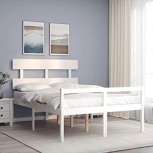 Hoopleep Seniorenbett 120x200 cm aus massivem Kiefernholz, Weiß, mit Kopfteil, hoher Einstieg für leichtes Aufstehen, praktischer Stauraum, Stabiler Holzrahmen