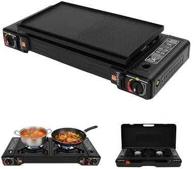Goddlgjik 2,5KW Rechaud Gaz 2 Feux Rechaud Camping Gaz Avec bac à barbecue | et Mallette de Transport, Pour Butane/GPL, Allumage piézoélectrique, Pour Les Voyages le Trekking et la Cuisine
