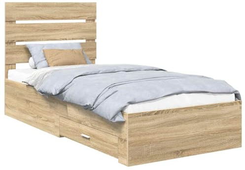 vidaXL Bettrahmen Sonoma Eiche und Silber 75 x 190 cm Holzwerkstoff, Stylisches Bett für Dein Schlafzimmer, modernes Design, viereckig, wasserabweisend, viel Stauraum, robust und minimalistisch