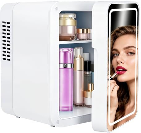 Skincare Fridge with LED Mirror(4 L/6 Can), Beauty Fridge for Skincare & Makeup, Mini Fridge Mirror with 3-Level Dimmable LED Light, Cooling & Warming, Skin Care Fridge for Bedroom, Office, Car
