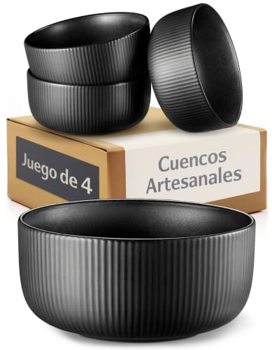 Cosumy 4er Set Müslischalen Schwarz - 700 ml Bowl - Schüssel aus Keramik | 700 ml Schüsseln mit weite Öffnung für Suppe, Salat & Dessert - Elegantes Rillendesign - Spülmaschinen- & Mikrowellenfest
