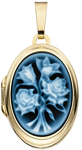 Jobo Damen Medaillon oval 585 Gold Gelbgold 1 Lagen Kamee Blumen Anhänger zum Öffnen
