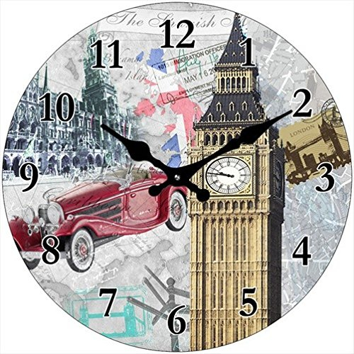Out of the blue Glas Uhr London Motive Durchmesser 28 cm, Wanduhr im Vintage Look mit Big Ben und Oldtimer, ausgefallenes Geschenk für England und Retro Fans