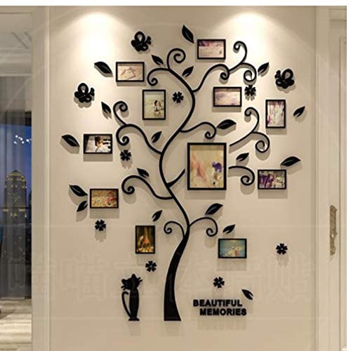 Family Tree Wall Decals 3D Acrylic DIY Photo Frame Wall Stickers Mural for Home Decor Wall Poster Hanging Black