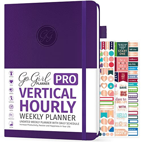 GoGirl Planner PRO Schedule - Undated Planner with Hourly Time Slots, Monthly, Weekly & Daily Organizer, Appointment Book for time Management, 18 x 25.5cm, Hardcover, Lasts 1 Year - Purple