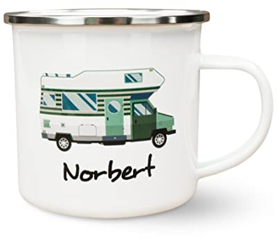 Werbetreff Gera Emaille-Tasse mit Name & Motiv Wohnmobil Camper - Personalisiert - Geschenk-Idee für Urlauber - Vintage-Look - Retro-Optik