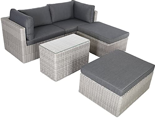 Raburg Polyrattan-Lounge Adan für 2-4 Personen mit Sofa, Hocker, Tisch & Kissen, Sitzgruppe für Garten, Terrasse und Balkon, Gartenmöbel Set wetterfest - Steingrau/Dunkelgrau