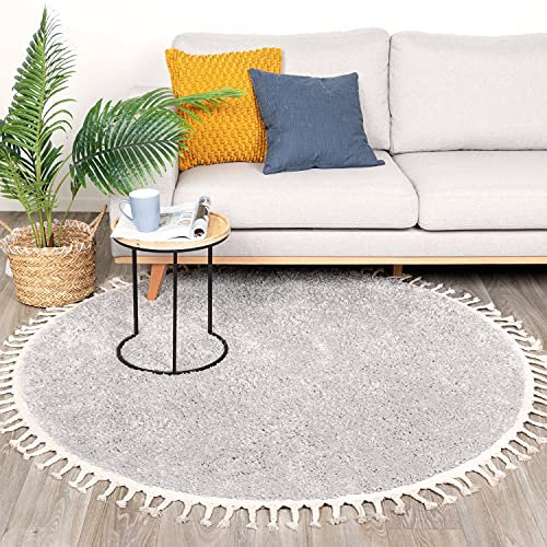 FRAAI | Home & Living Teppich Hochflor Rund - Lofty Fringe Hellgrau - Einfarbig - Modern, Skandinavisch - Wohnzimmer, Esszimmer, Schlafzimmer - Fellteppich - Carpet