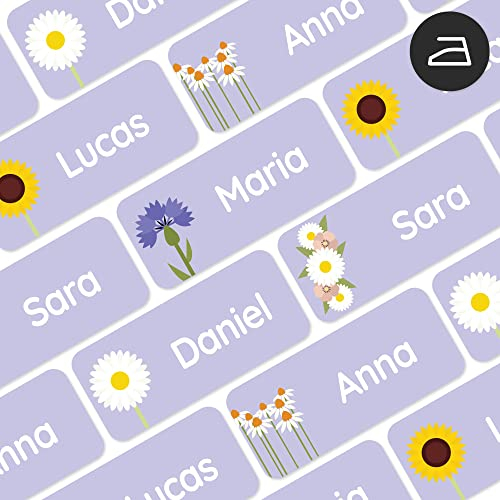 Klebekerlchen® | Bügeletiketten für Kleidung (120 Stk. 30x13 mm) | Wäscheetiketten zum Einbügeln mit Namen, Perfekt für Kinder, Schule und Kindergarten - Blumen