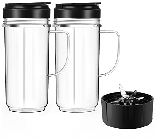 UBYNID 2 Pack Magic Bullet Blender Cups, Tall 22oz Cup with Flip Top To-Go Lid & 4 Fins Cross Blade Blender Replacement Parts, Replacement Cup Mug with Handle Compatible with Magic Bullet 250w MB1001