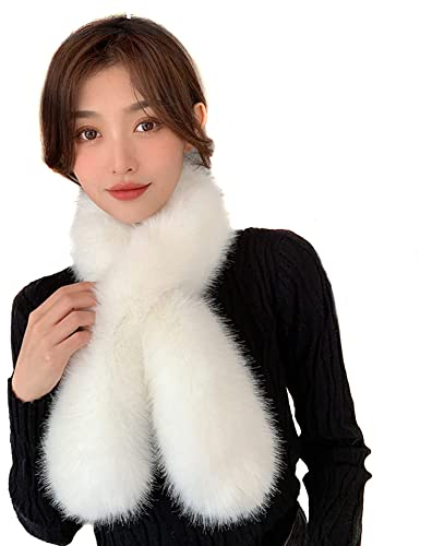 Pelz Schal Damen Winter Fuchspelz Kragen Pelzkragen,Damen Kunstpelz Fell Schal Pelzkragen Fellkragen Umschlagtuch Kragen Herbst Winter Warm Weich Scarf Frauen Schultertuch Winter Nackenwärmer,Weiß