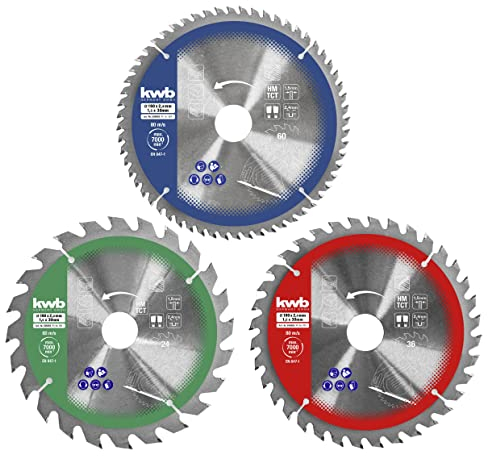 kwb Juego de 3 hojas de sierra circular de 165 x 20/16 para sierras circulares de mano, materiales de placa y materiales de construcción de madera, incluye anillos reductores de 16 y 20 mm