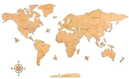 Creawoo Weltkarte Wanddekoration aus Holz, Natur Weltkarte Reisekarte Wanddeko Wandkunst für Büro, Wohnzimmer, Schlafzimmer (100x57 cm)
