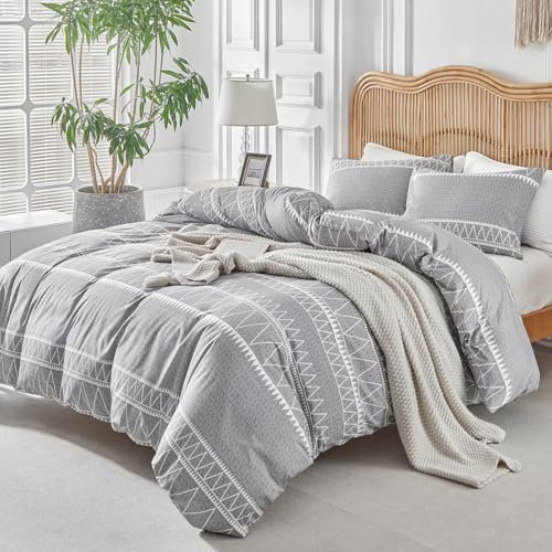 Tokokimo Housse de Couette 220x240 avec 2 Taies d'oreiller 65x65 cm - Design Bohémien - Parure de lit 220x240 Adulte - 100% Microfibre Housse Couette avec Fermetures éclair, Gris