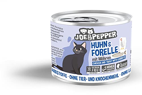 Joe&Pepper getreidefreies Katzenfutter | 6X 200g Huhn & Forelle m. Möhren | hoher Fleischanteil, Keine künstlichen Zutaten | Nassfutter