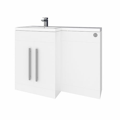 Aquariss 1100mm L Shape Left Hand Combination Vanity Unit Furniture Storage Gloss White Painting Sink Unit & BTW Toilet Unit - Flat Packed