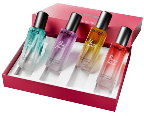 Sotrue Perfume For Women Gift Set Pack of 4x20 ML | Eau De Parfum | Premium Luxury Long Lasting Fragrance Spray | Berry Blush, Honey Spice, Oud Femme & Vanilla Spark (4x20 ML)
