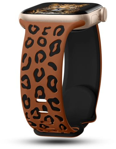 CreateGreat Engraved Leopard Bands Compatible with Apple Watch Band 42mm 44mm 45mm 46mm 49mm Women, Two-Tone Soft Silicone Cheetah Sport Strap for iWatch Series 10 9 8 7 6 5 4 3 2 SE Ultra.BR&BK