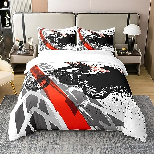 100% Baumwolle Motorrad Bettwäsche Set 155x220 Motocross Racer Krawatte Dye Bettbezug Extreme Sport Thema Tröster Bezug für Teen Fahrzeug Fahrer Tournment Quilt Cover mit Reißverschluss Schwarz Rot